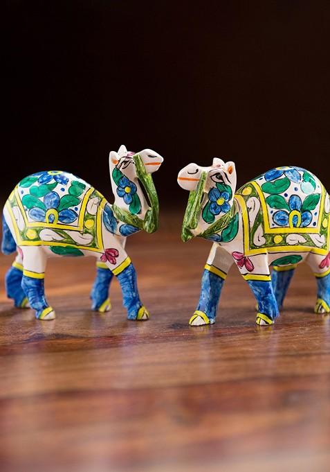 Set Of 2 Multicoloured Wooden Handcarved Camels Showpiece