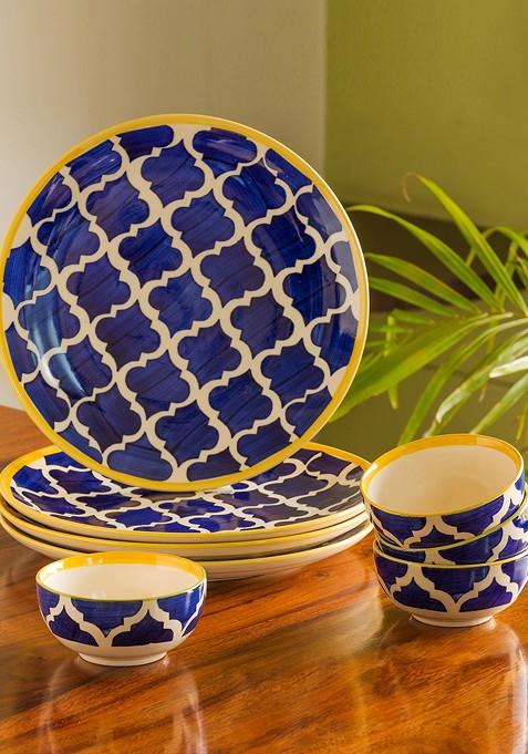 Blue And White Set Of 8 Hand Painted Ceramic Dinner Plates With Bowls