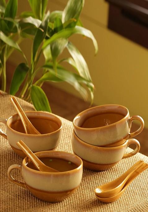 Set Of 4 Studio Pottery Ceramic Dual Glazed Soup Bowls With Spoons