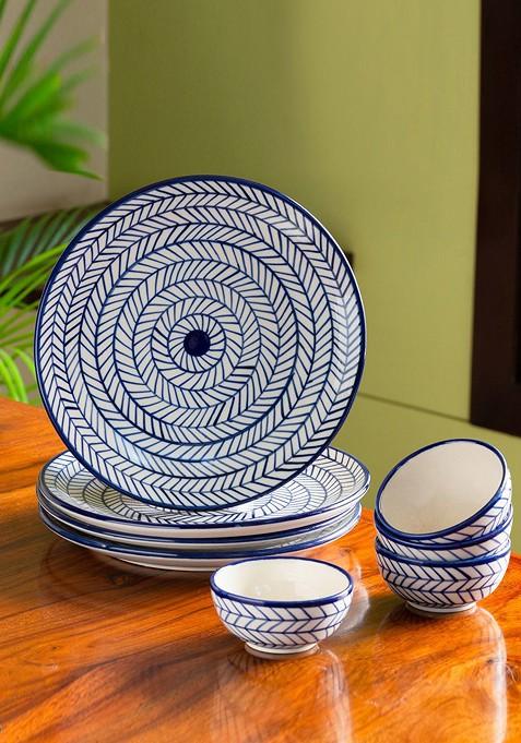 Blue And White Set Of 8 Chevron Hand Painted Ceramic Dinner Plates With Bowls
