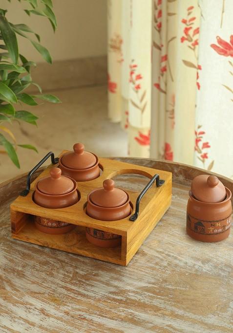 Warli Village Tales Ceramic Pickle Chutney Jar Set With Wooden Holder