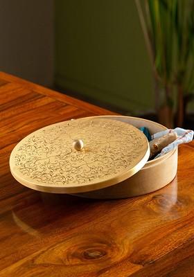 Gold Toned Floral Etched Handcrafted Mango Wooden Chapati Box