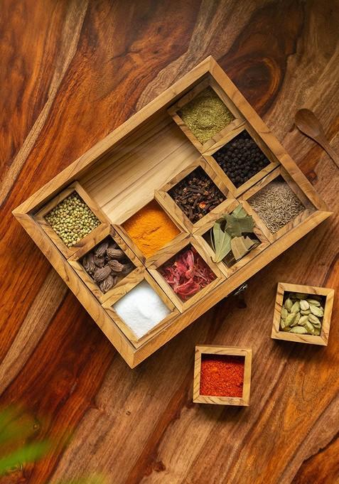 Camel Brown Handcrafted Teak Wooden 12 Container Spice Box With Spoon