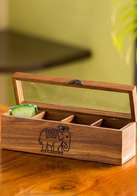Brown Hand Carved Multi Utility Sheesham Wooden Tea Box With 4 Compartments