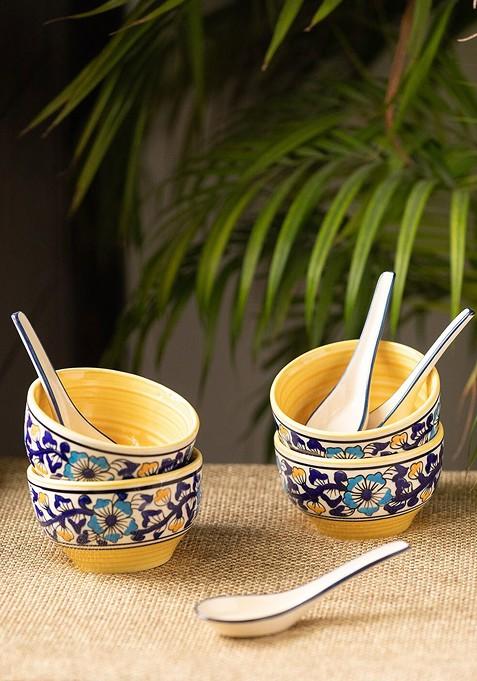 Navy Blue And Yellow 4 Pieces Floral Printed Ceramic Glossy Bowls