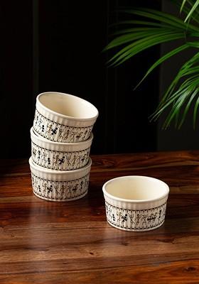 White And Black Set Of 4 Warli Printed Ceramic Dinner Bowls