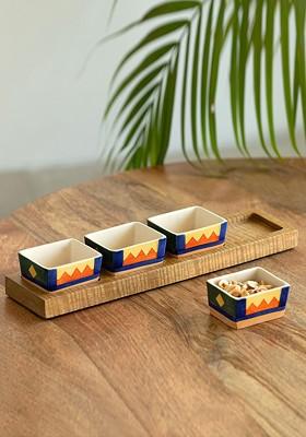 White And Brown 5 Pieces Printed Ceramic Serving Bowl Set With Tray