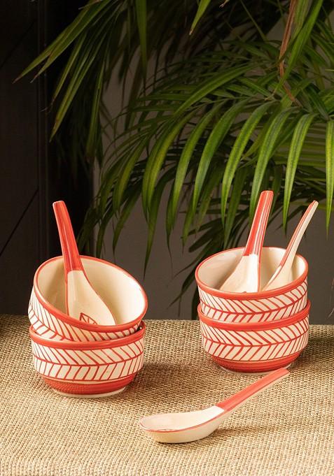 Red And White 4 Pieces Printed Ceramic Glossy Soup Bowls