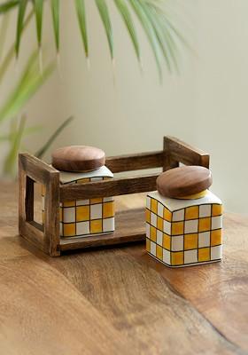 White And Yellow 3 Pieces Printed Ceramic Containers With Holder 240Ml Each