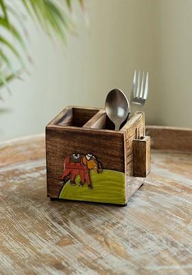 Brown And Green Elephant Tales Printed Wooden Cutlery Holder