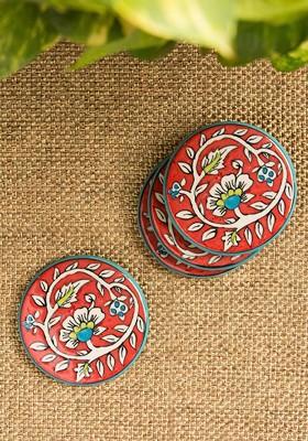 Red White 4 Pieces Hand Painted Ceramic Coaster Set