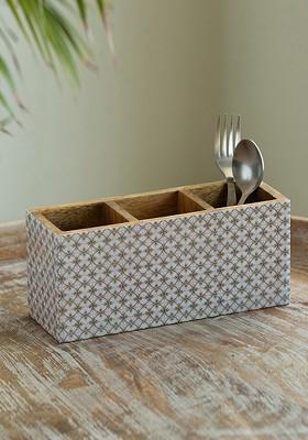Beige And White Geometric Tales Printed Wooden Cutlery Holder