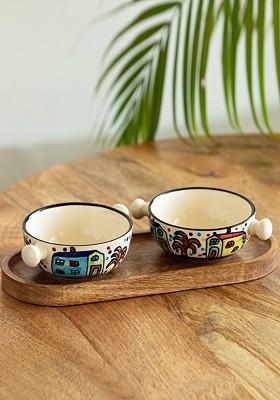 White And Brown 3 Pieces Printed Ceramic Serving Bowl Set With Tray