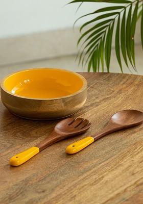 Orange And Brown 3 Pieces Wooden Textured Serving Bowl And Salad Servers