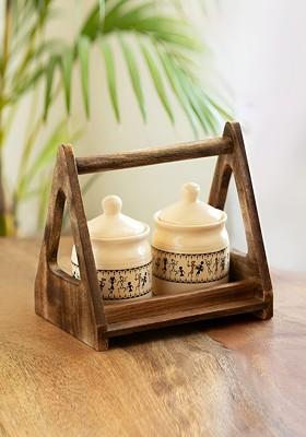 Cream And Brown 3 Pieces Printed Ceramic Containers With Holder 280Ml Each
