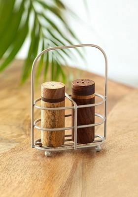 Brown And Tan 3 Pieces Wooden Salt And Pepper Shakers 45 Ml