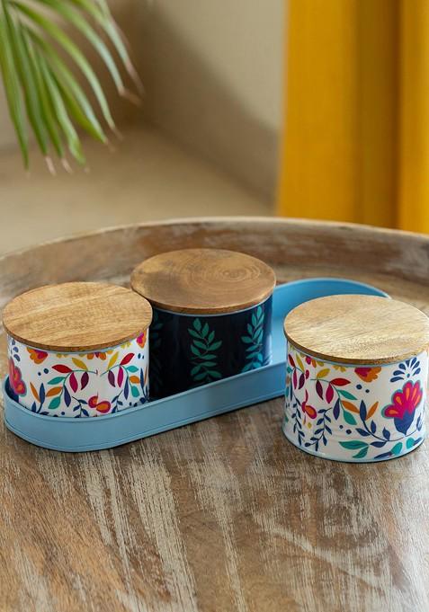 Black And White 3 Pieces Printed Iron Canister With Tray