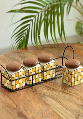 Yellow And Off White Printed Set Of 4 Ceramic Jars With Holder