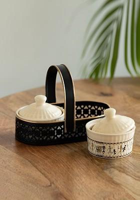 Whispers Of Warli White And Black 3 Pieces Printed Jar With Holder 160Ml
