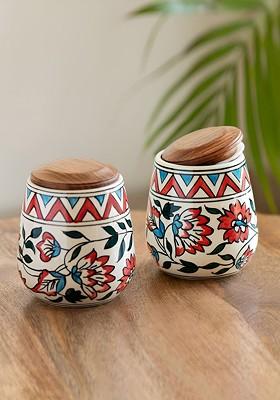 White And Brown 2 Pieces Persian Floral Painted Ceramic Containers 480 Ml