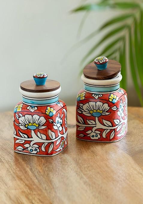 Red And White 2 Pieces Mughal Classic Ceramic Jars 410 Ml