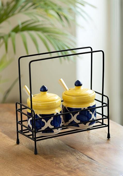 Set Of 2 Hand Painted Ceramic Jar With Spoons And Iron Caddy
