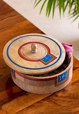 The Deserted Blues Brown And Red Mango Wooden Chapati Box With Lid 1.08 L