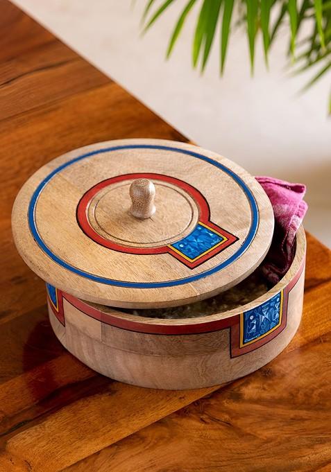 The Deserted Blues Brown And Red Mango Wooden Chapati Box With Lid 1.08 L