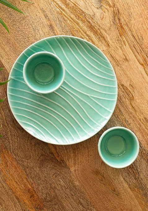 Sea Green 3 Pieces Textured Ceramic Glossy Dinner Set