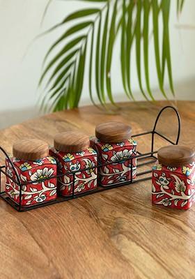 Red And Black Printed Set Of 4 Ceramic Jars With Holder