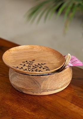 Burnt Leaf Brown Printed Mango Wood Chapati Box With Lid 1.08 L
