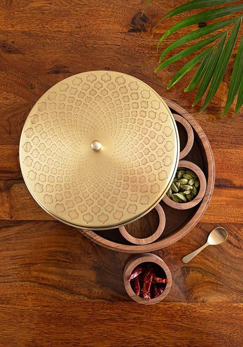 Spice Trove Brown 7 Pieces Hand Etched Wood Spice Box With Spoon