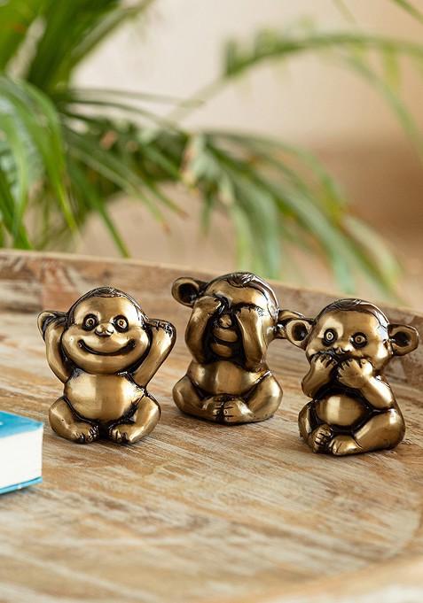 Gold Toned 3 Pieces Textured Wise Monkeys Brass Showpieces