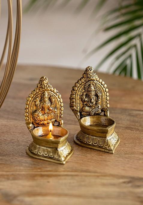 The Brass Beams Yellow 2 Pieces Textured Laxmi Ganesha Pair Brass Diyas