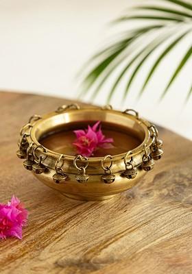 Zeenat Beige Brass Urli Bowl With Bells
