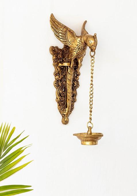 Gold Toned Textured Parrot Shaped Brass Wall Hanging Diya