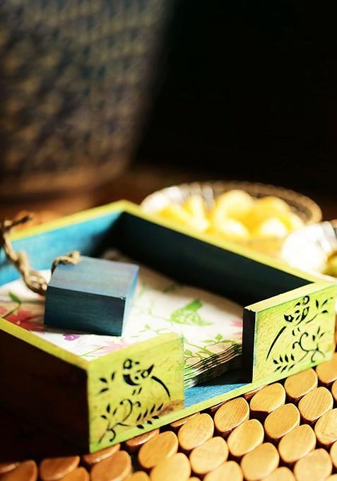 Green And Blue Textured Wooden Tissue Holder