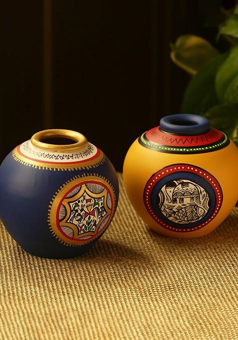 Navy Blue And Mustard Yellow Printed Terracotta Vases