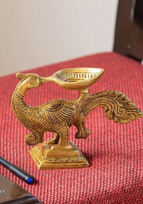 Gleaming Gold Toned Hand Etched Peacock Carved Diya
