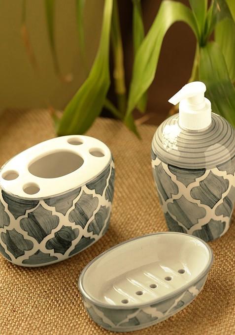 Moroccan Essentials Grey And Off White 3 Pcs Ceramic Bathroom Accessories