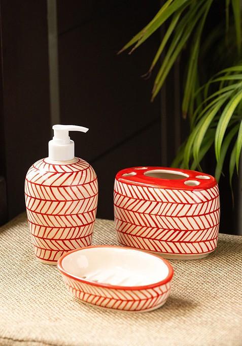 Red Chevrons Red And Beige 3 Pcs Printed Ceramic Bathroom Accessories