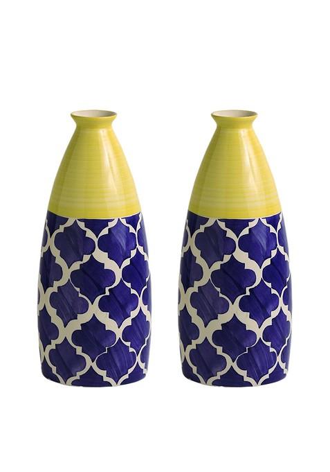 Blue And Yellow Set Of 2 Geometric Patterned Big Neck Ceramic Vases