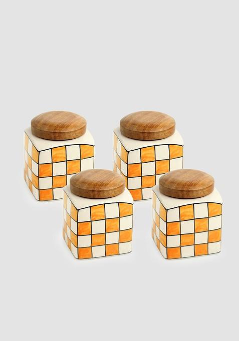 Set Of 4 Checked Ceramic Jars With Lid 480 Ml Each