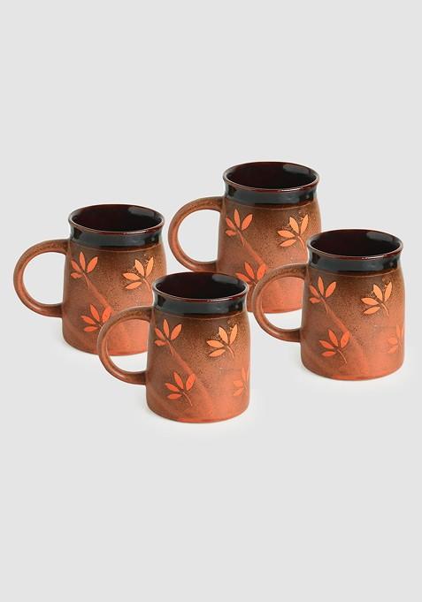 Set Of 4 Leaf Sips Hand Glazed Studio Pottery Coffee Tea Mugs In Ceramic
