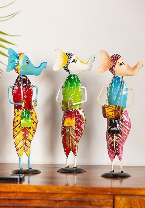 Set Of 3 Melodious Ganesha Trio Handpainted Showpiece