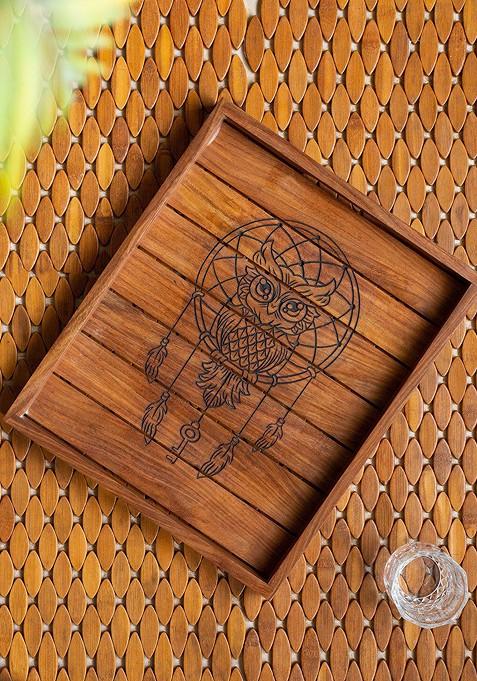Wise Owl Hand Carved Sheesham Wooden Serving Tray