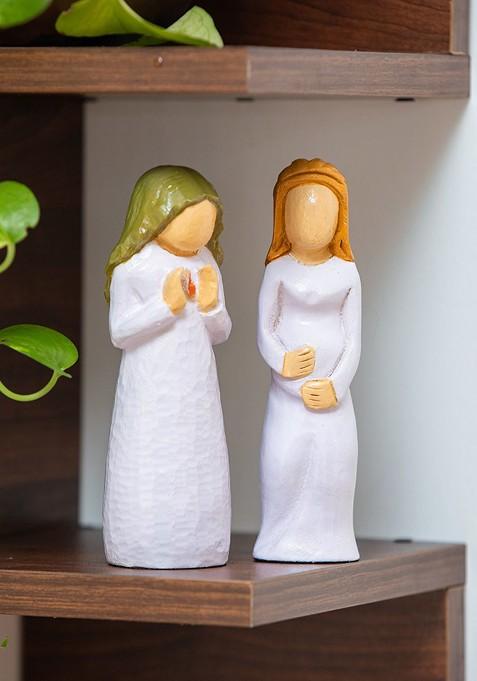 Set Of 2 White Yellow A New Life Hand Carved Wooden Figurine Showpiece