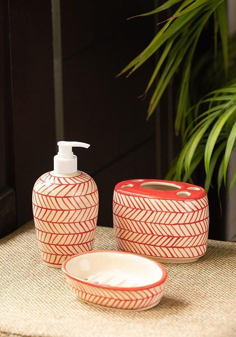 Set Of 3 Handpainted Red White Ceramic Bathroom Accessories Set