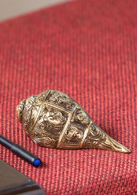 Gold Toned Textured Sharp Shells Hand Etched Carved Brass Showpiece