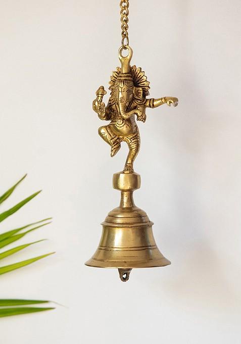 Gold Toned Dancing Ganpati Hand Etched Decorative Brass Hanging Bell